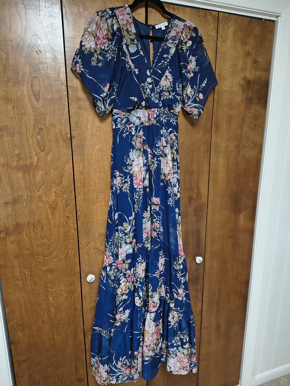 Navy Floral Wrap Maxi Dress with Flutter Sleeves